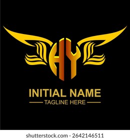 HY Golden Wing Emblem Logo with elegant gold wings, sleek and modern design. Ideal for branding, creative projects, luxury businesses, or artistic ventures.