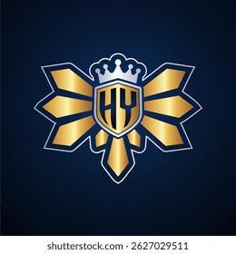 HY initial letters monogram logo for gaming with shield and eagle wing