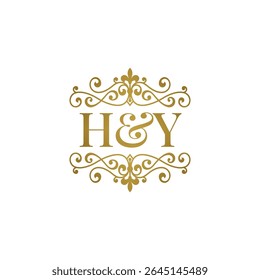 HY initials logo ornament gold. Letter HY wedding ampersand or business partner symbol