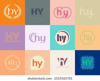 HY logo company template. Letter h and y logotype. Set different classic serif lettering and modern bold text with design elements. Initial font typography. Collection trendy business identity.