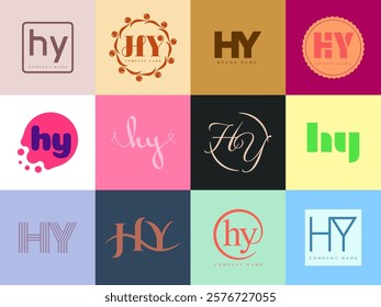 HY logo company template. Letter h and y logotype. Set different classic serif lettering and modern bold text with design elements. Initial font typography. Collection trendy business identity.