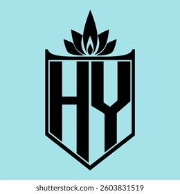 HY Logo featuring a minimalist design with a crown-like flower symbol on top, bold black elements, and a soft blue background, perfect for branding and modern visual identity.