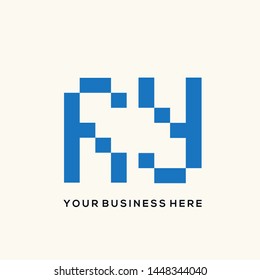 HY monogram logo.Typographic icon with pixel letter h and letter y.Lowercase alphabet initials.Lettering blue sign isolated on light background.Modern, tech, web, corporate, geometric style. 