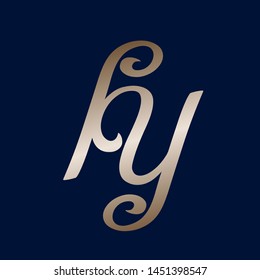 HY monogram.Typographic logo with letter h and letter y.Lettering icon.Lowercase alphabet initials in golden metallic color isolated on dark background.Calligraphic characters.Beauty, luxury style.
