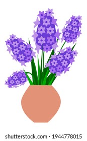 Hyacinth. Bouquet of flowers in a pot.
The concept of decor. Spring flower. Cartoon style. Used in web design for collages. Simple flat vector drawing.