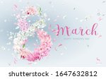 Hyacinth flower, Apple blossom, Chrysanthemum, Dahlia, Peony in the form of numeral 8 with flying petals on the wind. Floral vector greeting card for 8 March in watercolor style with lettering design