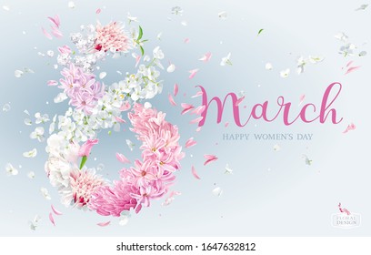 Hyacinth flower, Apple blossom, Chrysanthemum, Dahlia, Peony in the form of numeral 8 with flying petals on the wind. Floral vector greeting card for 8 March in watercolor style with lettering design