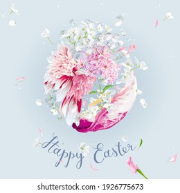 Hyacinth flower, Apple blossom, Chrysanthemum, Peony in the form of Easter egg with flying petals. Greetings and presents for Easter Day. Promotion and shopping vector template with lettering design