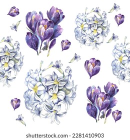 Hyacinth Flower watercolor illustration. Design for textile, wallpapers, Element for design, Greeting card.