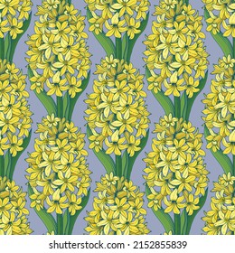 Hyacinth flowers seamless pattern. Spring yellow flowers. Textile composition, hand drawn style print. Vector floral illustration.