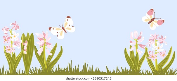 hyacinth, spring flowers and butterflies, vector drawing wild plants at white background, floral border, hand drawn botanical illustration