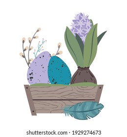 Hyacinth en una caja de madera, huevos de Pascua, sauce, plumas. Vector, fondo blanco, aislado.