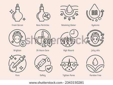 Hyaluron serum line icon set design with pure product and many benefits such as nano particles, high absorb, 24 hours care, safety and rejuvenation skin,