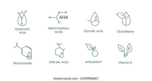 Hyaluronic Acid, AHA, Glycolic Acid, Glutathione, Salicylic Acid, Antioxidant, Vitamin E Vector Icons Set