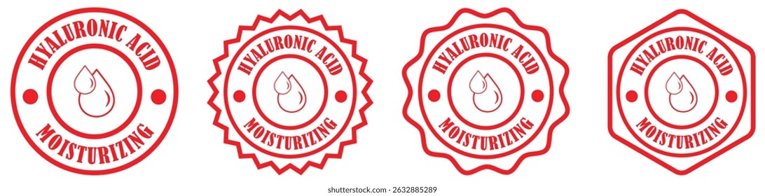 Coleção de emblemas de ácido hialurônico em fundo branco. Rótulo de produto cosmético redondo. Coleção de adesivos de orientação para cuidados com a pele. emblema de ícone de queda de umidade hialurônica. Ilustração vetorial 