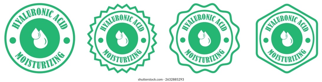 Coleção de emblemas de ácido hialurônico em fundo branco. Coleção de adesivos de orientação para cuidados da pele. Rótulo de cuidados com a pele hidratante certificado. Símbolo de ícone de gota de umidade hialurônica. Ilustração vetorial
