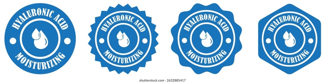 Hyaluronic acid badge collection set on white background. Skincare product badge with water drop. Cosmetic packaging seal template. Moisturizing stamp for beauty product. Vector illustration 