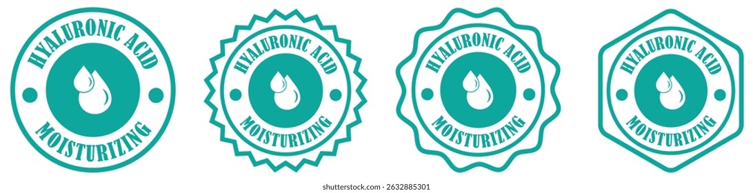 Coleção de conjuntos de emblemas de ácido hialurônico sobre fundo branco. Design de etiqueta hidratante de ácido hialurônico. Crachá de produto de cuidados com a pele com gota d'água. Ícone de gota d'água para rótulo de cuidados com a pele. Ilustração vetorial 