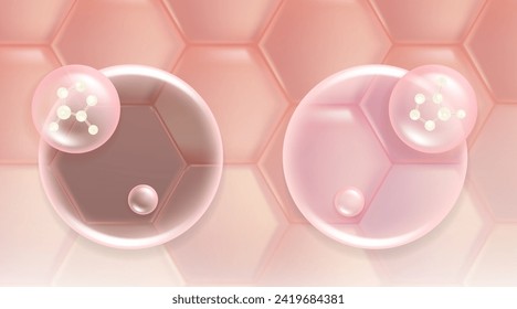 Hyaluronic acid before and after hair and skin solutions ad. pink collagen serum drop into skin cells with cosmetic advertising background ready to use, illustration vector.