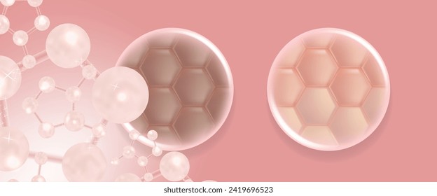 Hyaluronic acid before and after skin solutions ad. pink collagen serum drop into skin cells with cosmetic advertising background ready to use, illustration vector.