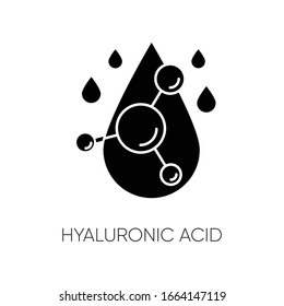 Hyaluronic acid black glyph icon. Hydrating formula. Collagen to prevent wrinkles. Water drop. Korean beauty. Cosmetic ingredient. Silhouette symbol on white space. Vector isolated illustration