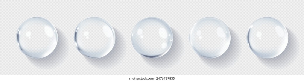 Burbujas de ácido hialurónico. Gotas transparentes de colágeno. Suero cosmético. Producto para el cuidado de la piel. Ilustración vectorial