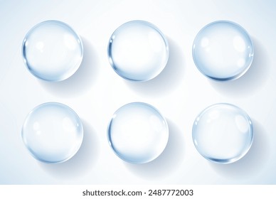 Burbujas de ácido hialurónico. Gotas transparentes de colágeno. Suero cosmético. Producto para el cuidado de la piel. Ilustración vectorial