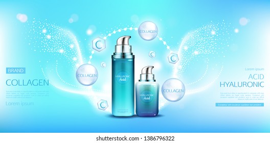 Hyaluronic acid collagen cosmetics packages mock up. Beauty moisturize skin cosmetic products bottles on blue background with molecules and space for name brand, promo Realistic 3d vector illustration