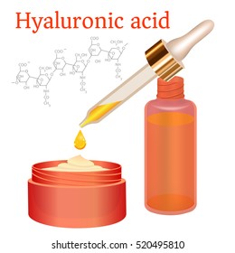 Hyaluronic Acid Cream and Emulsion with Drop. Collagen Serum Skin Care Cosmetic. Chemical Formula. red Bottles on White Background. Vector illustration. Medicine Banner, Poster, Cosmetics Advertising