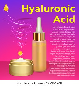 Hyaluronic Acid Cream and Emulsion. Place for Text. Collagen Serum Skin Care Cosmetic. Pink Background. Vector illustration. Used for Medicine, Banner, Poster, Cosmetics Advertising.