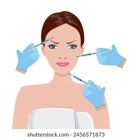 Hyaluronsäure-Injektion ins Gesicht, weibliche verjüngende Mesotherapie. Botox-Injektionen. SPA Schönheit und Gesundheit Konzept. Vektorillustration im flachen Stil