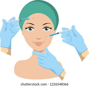 Hyaluronic acid facial injection, vector banner design template. Beauty, cosmetology, anti-aging concept. Female rejuvenating mesotherapy. Neurotoxin injection. Botox injections. Mesotherapy.