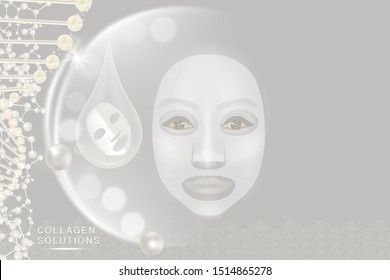 Hyaluronic acid facial mask, white collagen serum with cosmetic advertising background ready to use, illustration vector.	