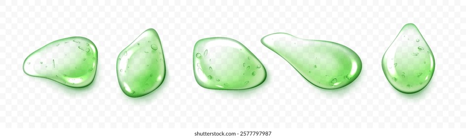 Hyaluronic acid green drops. Collagen clear, cosmetic serum isolated babbles. Vector realistic