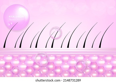 Hyaluronic Acid Hair And Skin Solutions Ad, Pink Collagen Serum Drop Over Skin Cell With Cosmetic Advertising Background Ready To Use, Illustration Vector.