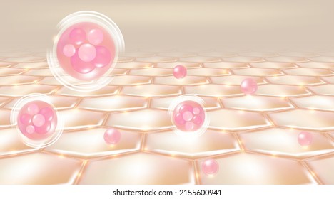 Hyaluronic Acid Hair And Skin Solutions Ad, Pink Collagen Serum Drop Over Skin Cells With Cosmetic Advertising Background Ready To Use, Illustration Vector.