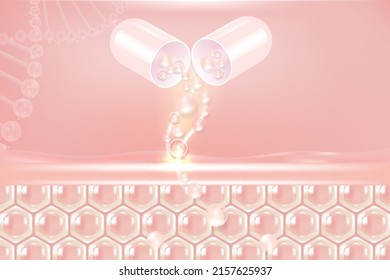 Hyaluronic acid hair and skin solutions ad, pink collagen serum drop over skin cell with cosmetic advertising background ready to use, illustration vector.