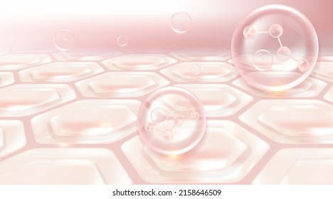 Hyaluronic acid hair and skin solutions ad, pink collagen serum drop over skin cells with cosmetic advertising background ready to use, illustration vector.