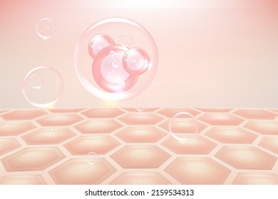 Hyaluronic acid hair and skin solutions ad, pink collagen serum drop over skin cells with cosmetic advertising background ready to use, illustration vector.	 - Shutterstock ID 2159534313