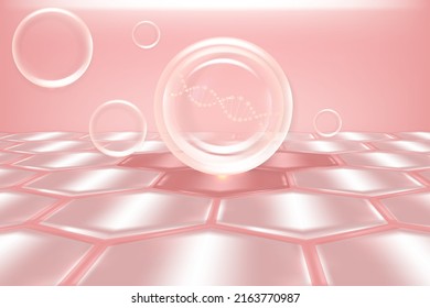 Hyaluronic acid hair and skin solutions ad, pink collagen serum drop over skin cells with cosmetic advertising background ready to use, illustration vector.