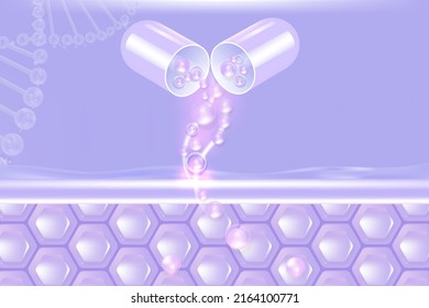 Hyaluronic acid hair and skin solutions ad, purple collagen serum drop over skin cell with cosmetic advertising background ready to use, illustration vector.