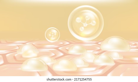 Hyaluronic acid hair and skin solutions ad, creamy collagen serum drop over skin cells with cosmetic advertising background ready to use, illustration vector
