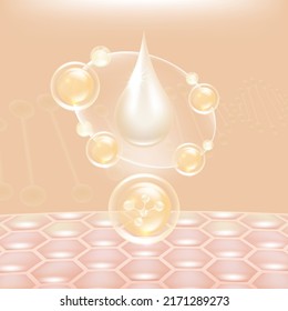 Hyaluronic acid hair and skin solutions ad, creamy collagen serum drop over skin cells with cosmetic advertising background ready to use, illustration vector.	