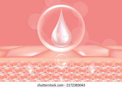 Hyaluronic acid hair and skin solutions ad, pink collagen serum drop over skin cells with cosmetic advertising background ready to use, illustration vector.