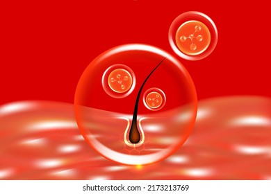 Hyaluronic acid hair and skin solutions ad, red collagen serum drop over skin cells with cosmetic advertising background ready to use, illustration vector.	