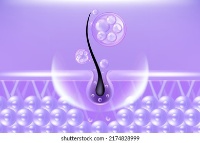 Hyaluronic acid hair and skin solutions ad, purple collagen serum drop over skin cells with cosmetic advertising background ready to use, illustration vector.	