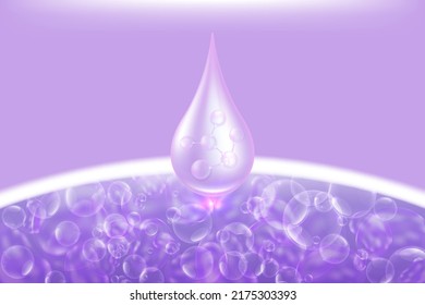 Hyaluronic acid hair and skin solutions ad, purple collagen serum drop with cosmetic advertising background ready to use, illustration vector.	