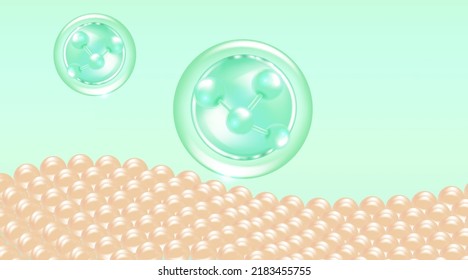 Hyaluronic acid hair and skin solutions ad, green collagen serum drop over skin cells with cosmetic advertising background ready to use, illustration vector.	