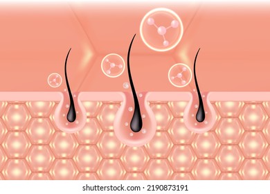 Hyaluronic acid hair and skin solutions ad, pink collagen serum drop into skin cells with cosmetic advertising background ready to use, illustration vector.	