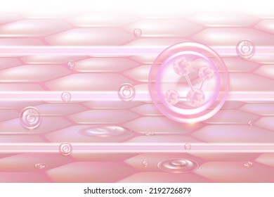 Hyaluronic acid hair and skin solutions ad, pink collagen serum drop into skin cells with cosmetic advertising background ready to use, illustration vector.	